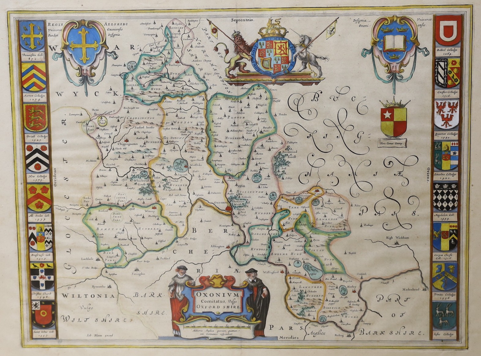 Johannes Blaeu (1571-1638), coloured engraving, Map of Oxonium (Oxfordshire), Dutch text verso, full sheet 50 x 59cm